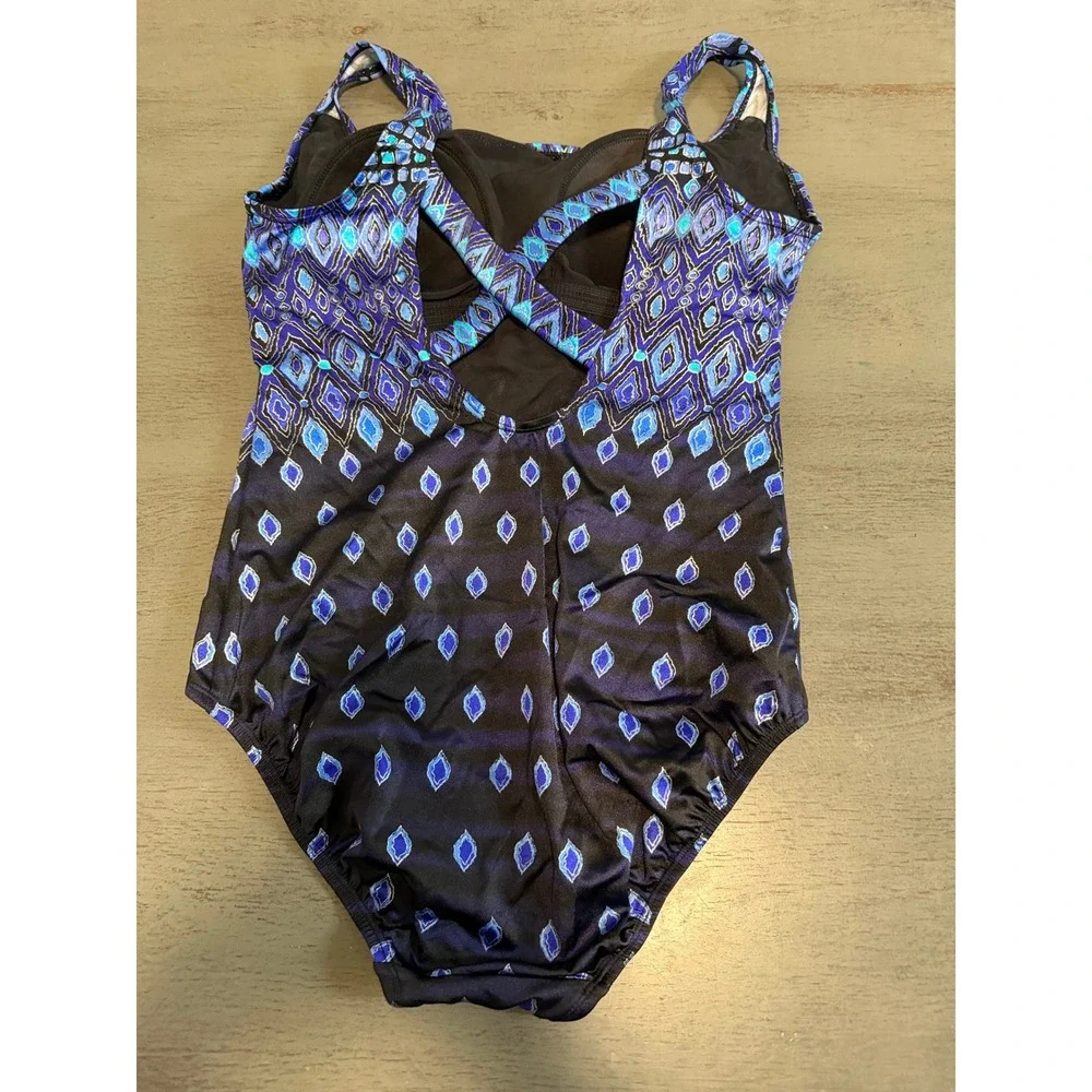 Longitude Womens Blue Purple Geometric Diamond One Piece Swimsuit Size 14 - Picture 2 of 6